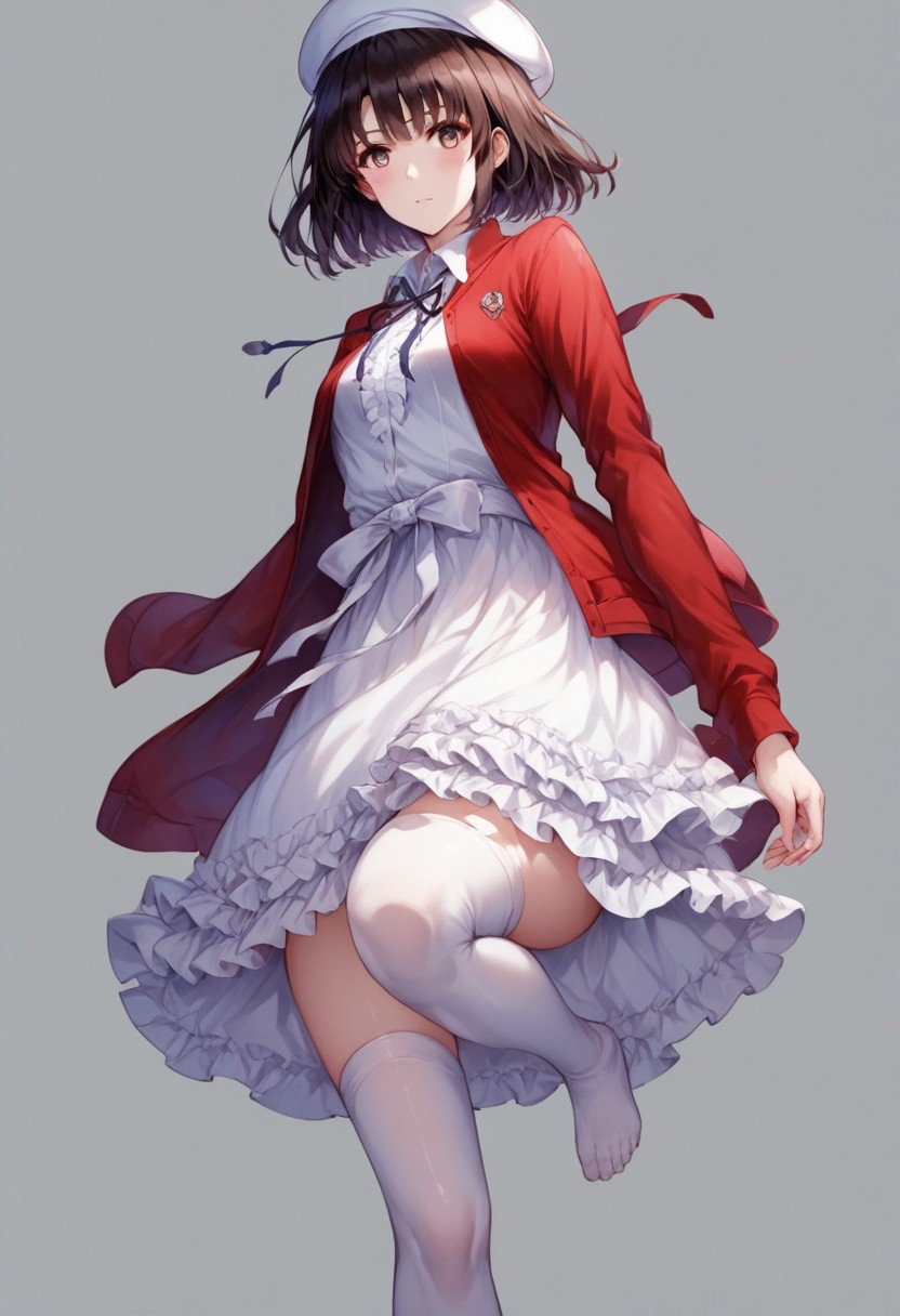 score_9,score_8_up,score_7_up, full body,feet,from below,pov,standing on one leg,toes,<lora:Stepped on PXL-000017:1>, 1girl,solo,megumi katou,brown hair,brown eyes, short hair,hat,jacket,long sleeves,thighhighs,white headwear,white thighhighs,dress,white dress,red jacket,white hat,open cardigan,open clothes, realistic,otaku room,