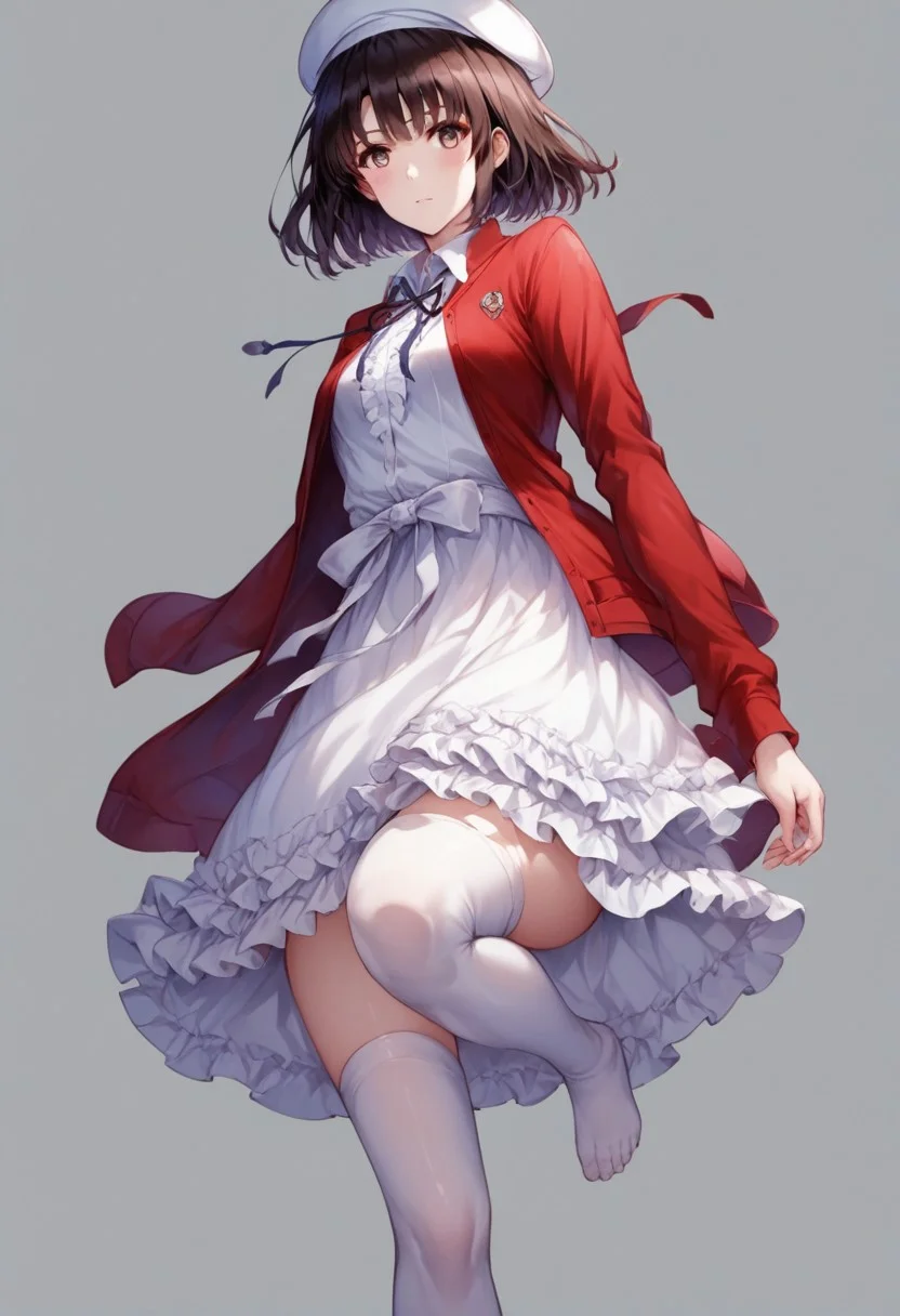 score_9,score_8_up,score_7_up, full body,feet,from below,pov,standing on one leg,toes,<lora:Stepped on PXL-000017:1>, 1girl,solo,megumi katou,brown hair,brown eyes, short hair,hat,jacket,long sleeves,thighhighs,white headwear,white thighhighs,dress,white dress,red jacket,white hat,open cardigan,open clothes, realistic,otaku room,