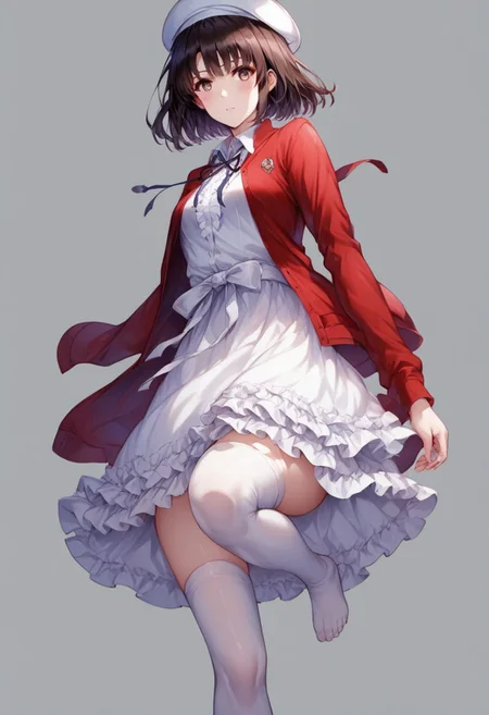 score_9,score_8_up,score_7_up, full body,feet,from below,pov,standing on one leg,toes,<lora:Stepped on PXL-000017:1>, 1girl,solo,megumi katou,brown hair,brown eyes, short hair,hat,jacket,long sleeves,thighhighs,white headwear,white thighhighs,dress,white dress,red jacket,white hat,open cardigan,open clothes, realistic,otaku room,