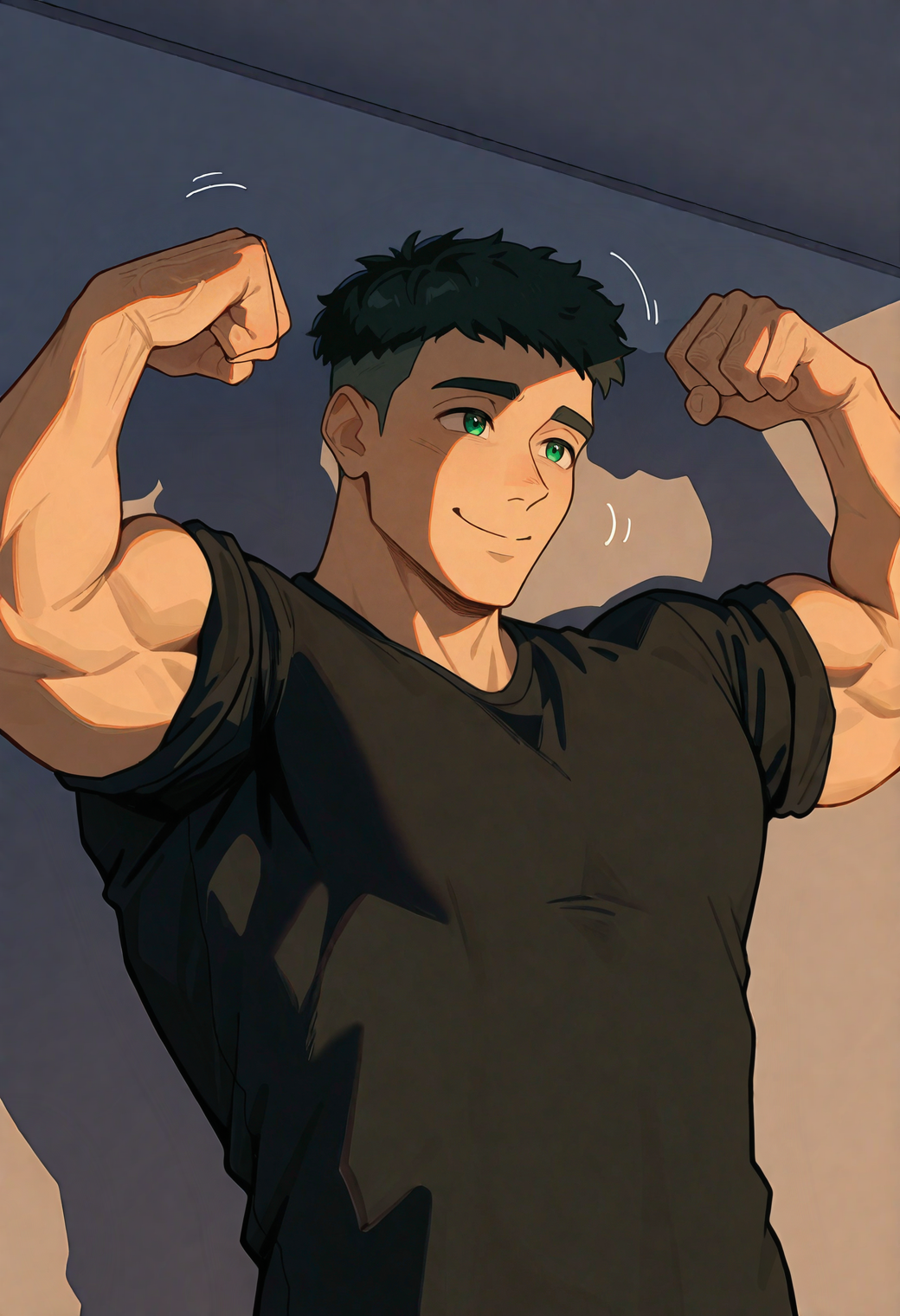 masterpiece,best quality,
1boy,
<lora:yokokawa_yuusuke_NAI_EPS_1_1_CAME_v1_960:1>,
yok0kaw4_yuusuk3,black hair,short hair,undercut,green eyes,
black shirt,t-shirt,sleeves rolled up,
upper body,bedroom,dawn,double biceps pose,flexing,giggling,
shadow,high key,shadow,dynamic angle,dynamic action