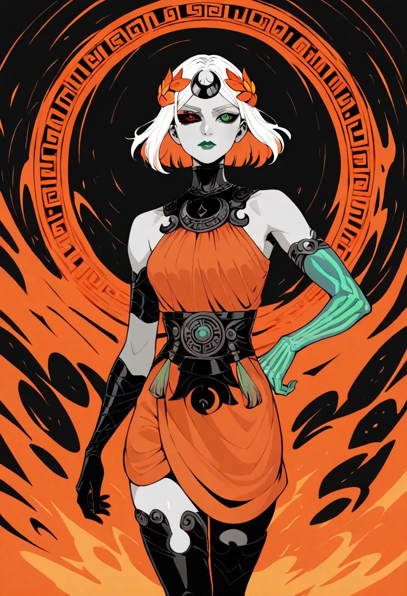 masterpiece, best quality, newest, absurdres, highres, AGPV1.1, orange backgrond, monochrome,
1girl, melinoeehades-IL.V1.0, melinoe, green lips, hair ornament, laurel crown, heterochromia, green eyes, red eyes, mismatched sclera, black sclera,single elbow glove, skeletal arm
