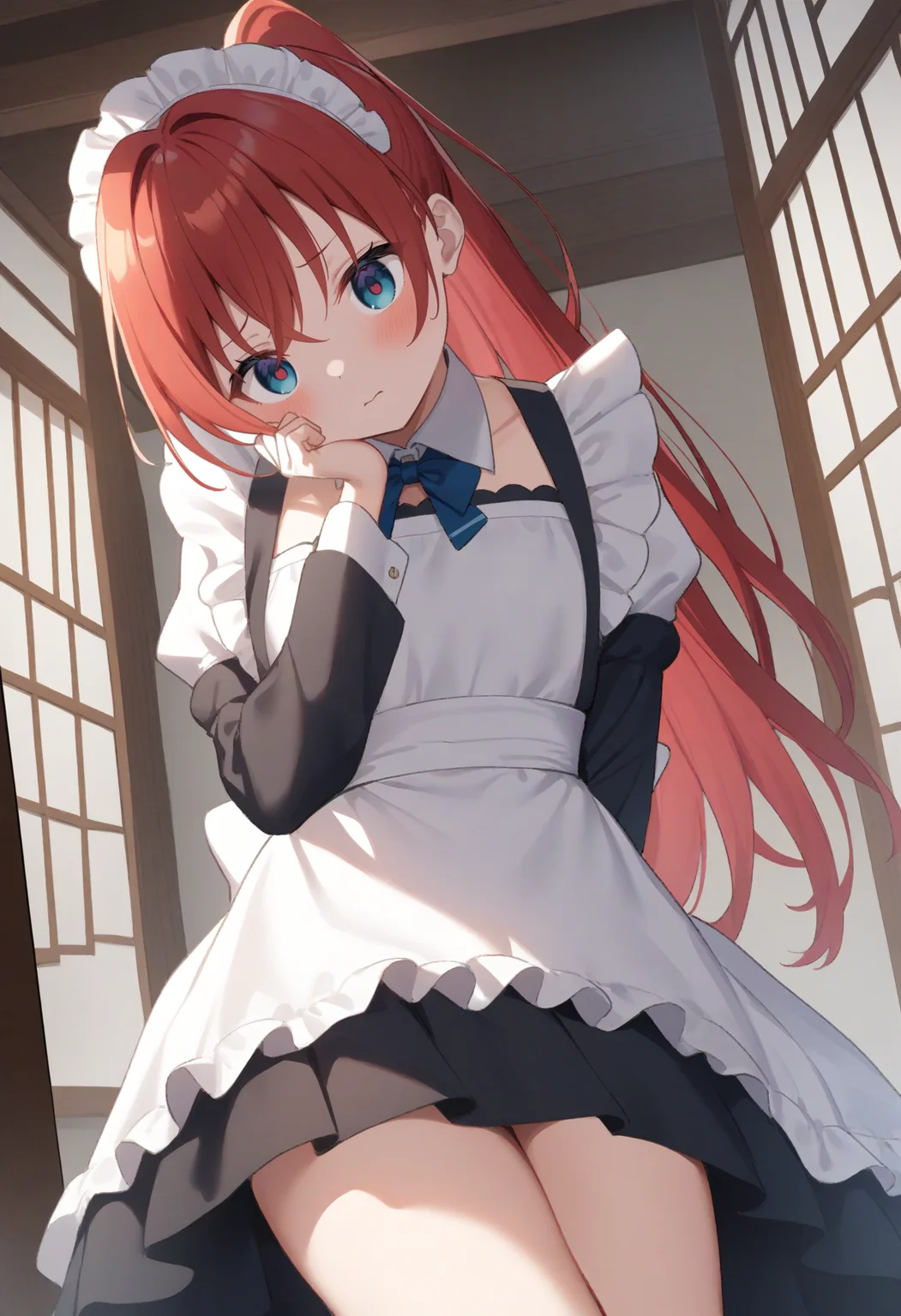 1girl,sincos, ningen mame, toosaka asagi,solo,medium breasts,20yo,maid,maid headdress,
yandere, <lora:yandere_XL_v1:0.7>
shaded face,empty eyes,head tilt,
ceiling, feet out of frame, looking ahead, red hair, gray eyes,annoyed, japanese arch, closed mouth, high ponytail hair,,
best quality, very aesthetic, absurdres