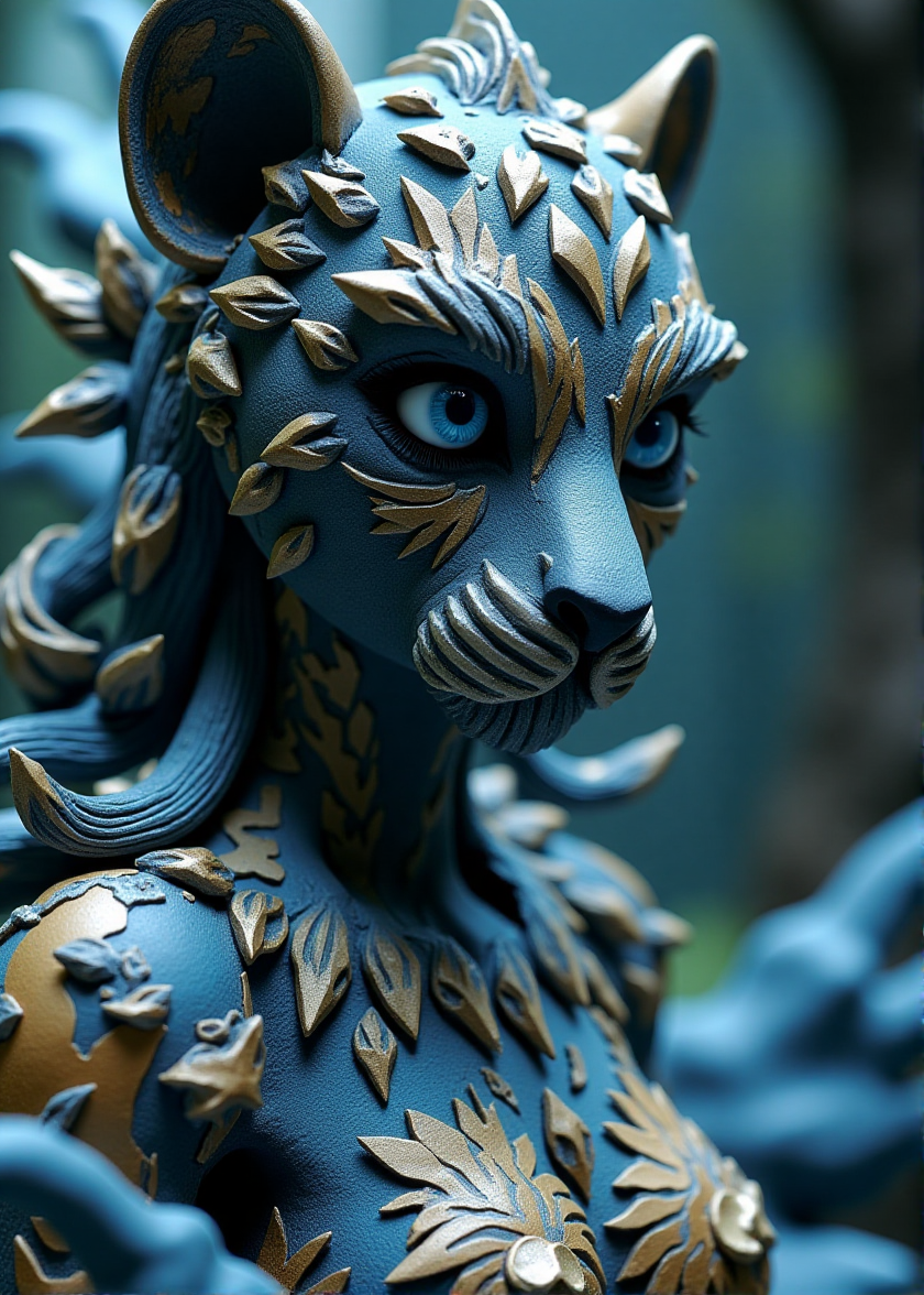  claymation, 

Photographic, photo grain, 4k, UHD—Thick layered papercut art of a furry in a dramatic, fantasy-inspired scene, infused with fractal art and dynamic angles. The artwork, reminiscent of Todd Lockwood's famous pieces, captures a lithe female fusion of a skinwalker and kongamato with crystallized skin. Featuring a 1Girl face with very subtle lion traits and heavy silver blue and gold black makeup, the scene is brought to life with deep 3D volumetric effects, rich dimensional depth, thick paper textures, and tangible, heavy layers

 made of clay