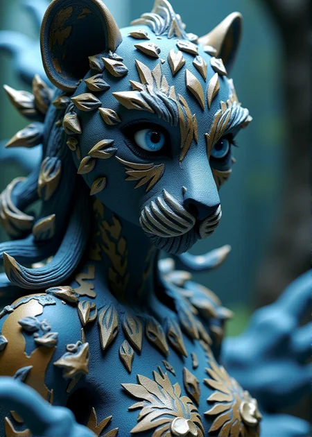  claymation, 

Photographic, photo grain, 4k, UHD—Thick layered papercut art of a furry in a dramatic, fantasy-inspired scene, infused with fractal art and dynamic angles. The artwork, reminiscent of Todd Lockwood's famous pieces, captures a lithe female fusion of a skinwalker and kongamato with crystallized skin. Featuring a 1Girl face with very subtle lion traits and heavy silver blue and gold black makeup, the scene is brought to life with deep 3D volumetric effects, rich dimensional depth, thick paper textures, and tangible, heavy layers

 made of clay