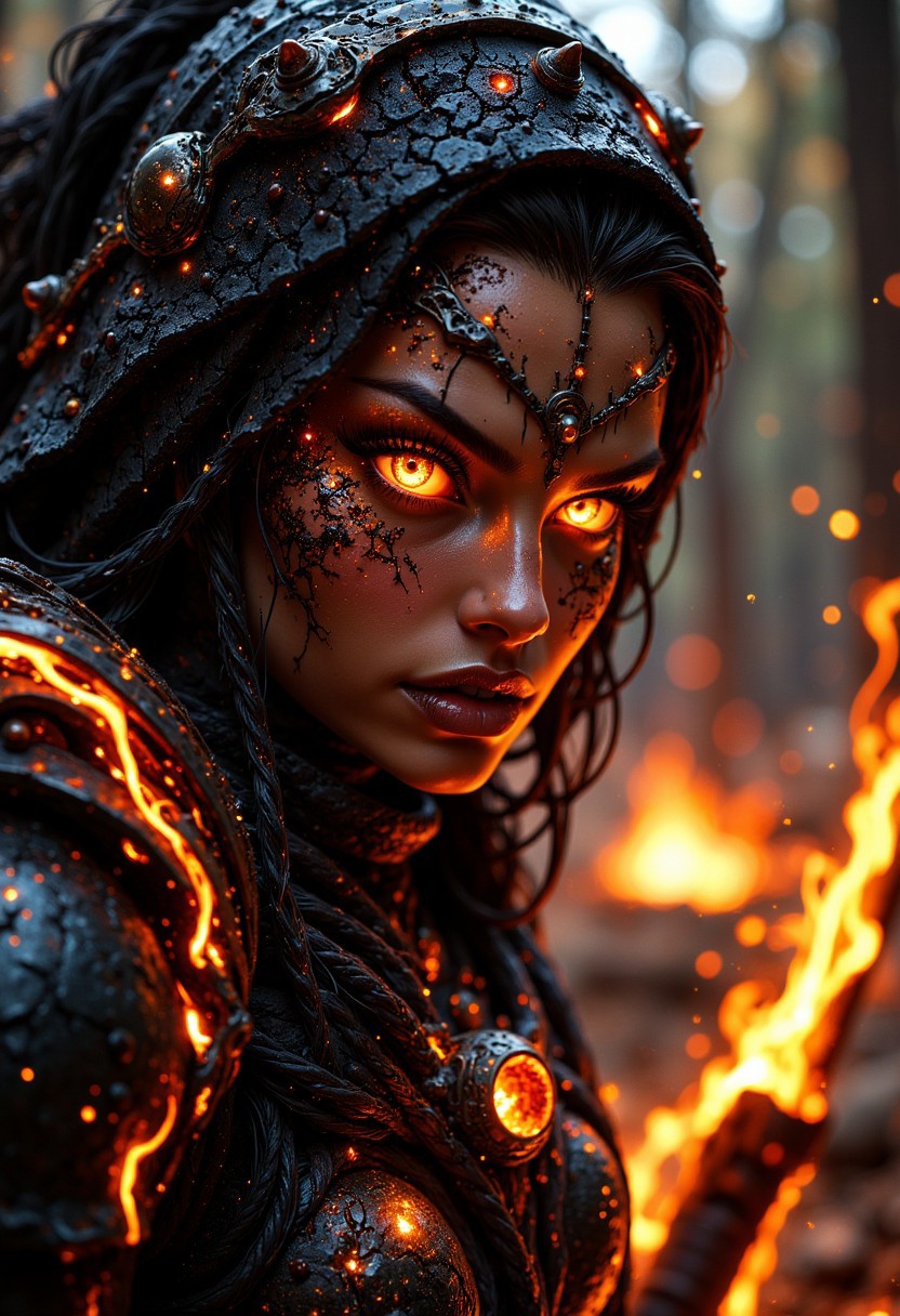 Face close up, gorgeous perfect eyes, highly detailed eyes, glossy lips. A fiery, intense scene of an infernal huntress, draped in blackened, molten armor, glowing with ember-like cracks. She stands amid a burning forest, holding a bow made of obsidian and fire. Her eyes blaze with a fierce, unquenchable rage, and her flaming hair whips wildly in the scorching wind. The ground around her is scorched, with embers floating in the air, and the trees burn with a supernatural intensity. The lighting is dramatic, with bright, fiery contrasts highlighting the huntress’s power and the destructive force she wields. (maximum ultra high definition image quality and rendering:3), maximum image detail, maximum realistic render, (((ultra realist style))), realist side lighting, , 8K high definition, realist soft lighting, (amazing special effect:3.5)