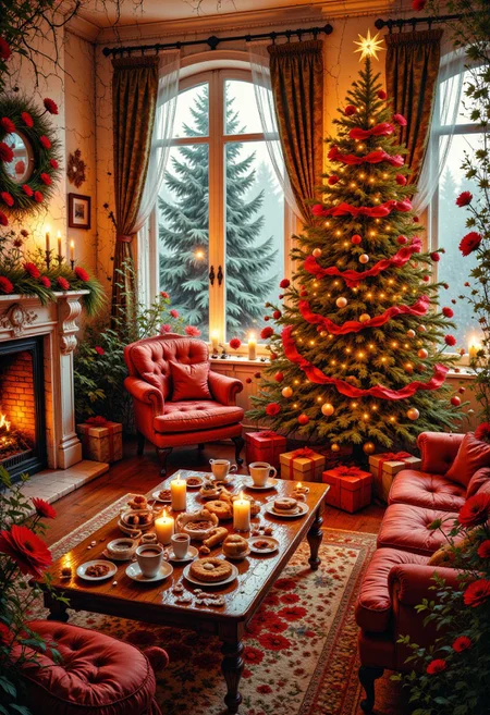 Envision a sultry Christmas living room that exudes warmth and allure, where holiday magic intertwines with a hint of romance. A stunningly decorated Christmas tree stands tall in the corner, twinkling with soft, golden lights and deep red ornaments that evoke a sense of intimacy. Underneath, artfully wrapped presents in glossy, seductive paper peek out, adding a playful touch. The fireplace crackles invitingly, casting a warm glow that flickers over plush furnishings draped with luxurious, velvet throws in rich jewel tones.
The atmosphere is further enhanced by the scent of pine and cinnamon wafting through the air, creating an intoxicating blend of holiday charm. A sumptuous sofa beckons, adorned with silky cushions, as couples share laughter and cozy moments over mugs of spiced hot chocolate with marshmallow fluff on top. Soft jazz or holiday melodies play in the background, setting the mood for intimacy.
Through large, frosted windows, gently falling snowflakes create a serene backdrop, while the soft glow of fairy lights twinkles, wrapping the room in an enchanting embrace. Add finishing touches like elegant candles flickering on a beautifully set coffee table, and mistletoe hung playfully above, inviting spontaneous kisses. This captivating scene captures the essence of a romantic holiday evening, where warmth, glamour, and holiday spirit blend seamlessly into an unforgettable celebration of love and togetherness.