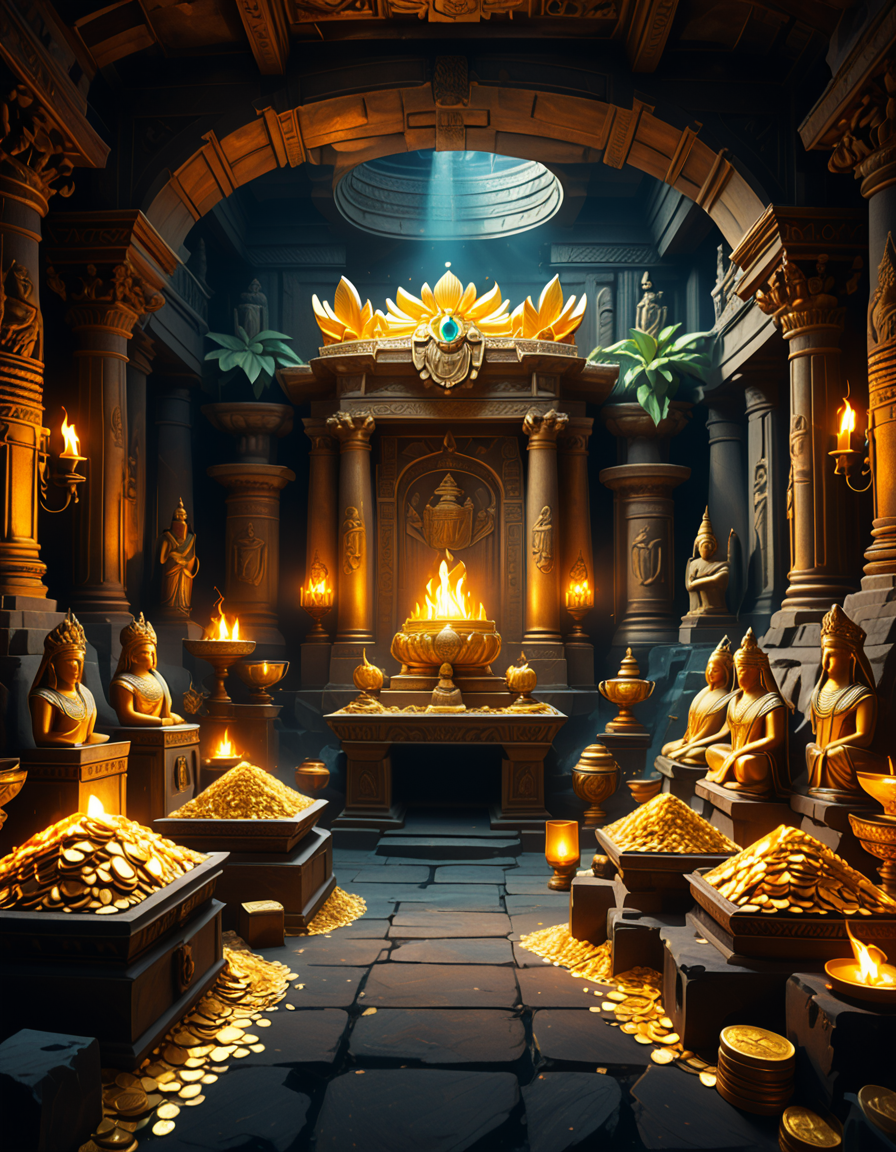 score_9, score_8_up, score_7_up,amazing quality, ultra realistic, 3D, HD, best quality, amazing quality, very aesthetic, absurdres
A hidden treasure chamber deep within an ancient temple, illuminated by the warm golden glow of torches and mystical blue light from enchanted crystals. The room is filled with piles of gold coins, jewel-encrusted goblets, and ancient artifacts covered in dust. Massive stone statues of forgotten deities guard the chamber, their eyes glowing faintly as if watching intruders. In the center, a grand pedestal holds a legendary artifactâan ornate golden crown encrusted with emeralds and sapphires, shimmering with an otherworldly aura. The walls are adorned with intricate carvings depicting lost civilizations, and creeping vines hint at centuries of abandonment. The atmosphere is mystical and slightly eerie, with a sense of both wonder and danger. The air is thick with the scent of aged parchment and burning incense, adding to the chamberâs ancient and mysterious feel. Cinematic lighting with dramatic shadows enhances the depth and richness of the scene, creating a visually stunning and immersive environment.
<lora:SDXLFaeTastic2400:0.4> <lora:extremely_detailed:0.4> extremely detailed,treasure ch4mb3r, <lora:treasure_ch4mb3r-p:1>
