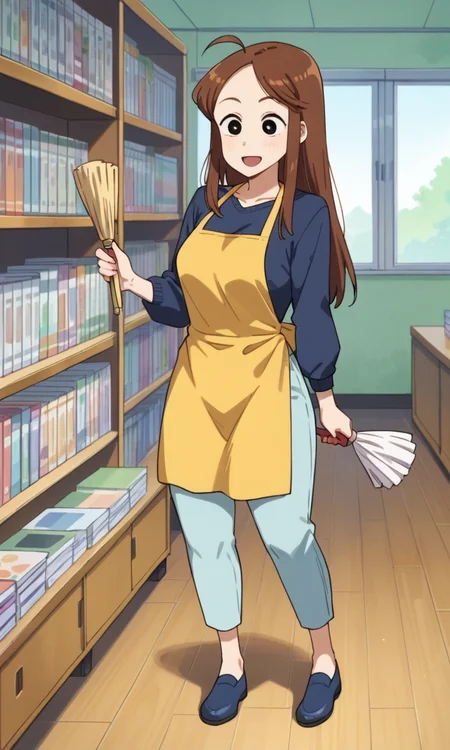 (1girl:1.5), (solo:1.3), (score_9, score_8_up, score_7_up, score_6_up, score_5_up, score_4_up), (source_anime), (rating_questionable), (book-nakamura), (black eyes, brown hair, long hair, ahoge, forehead, swept bangs), (dark blue sweater, light blue pants, yellow apron, no socks, dark blue footwear), (large breasts, wide hips, thick thighs), <lora:book-nakamura-late_v1:0.8>,open mouth,
indoors, bookstore, bookshelf, smile, standing, legs apart, holding one duster,