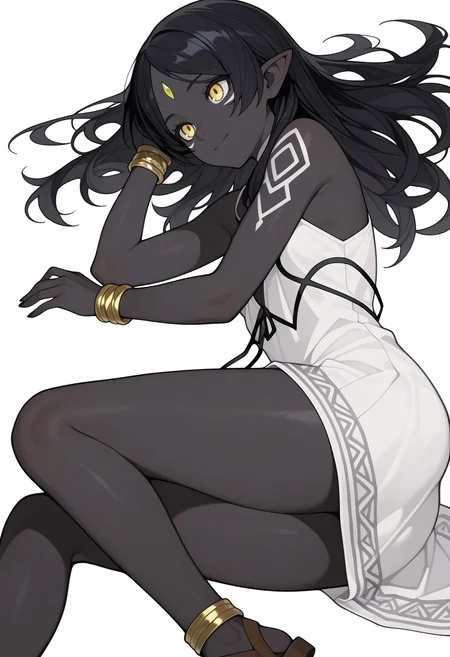 Smooth Quality,masterpiece,beautiful aesthetic, very intricate, high quality details, ultra realistic, high detailed skin
simple background, white background,
front view,lying on side, one arm supporting head, relaxed legs, soft smile, casual vibe, ,o o,
wind,
<lora:ZadirisCnn:0.8> Zadiris/cnn, zadiris/evo, 1girl, pointy ears, facial mark, bare shoulders, long hair, tattoo, forehead jewel, bracelet
dress, sandals,yellow eyes, thighs, small ass,
black hair, black skin, colored skin,