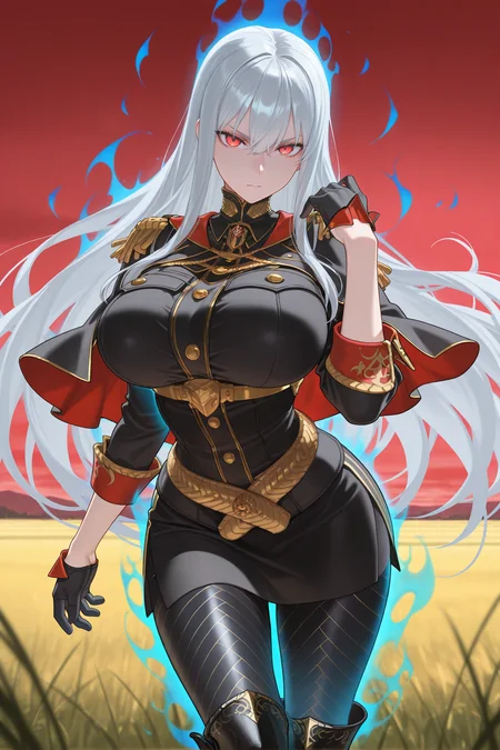 masterpiece, best quality, 1girl, solo, <lora:selvaria-illu-nvwls-v1-000006:1> slvra, silver hair, very long hair, red eyes, huge breasts, black shirt collar, black uniform, black capelet, epaulettes, black sleeves, gold belt, black gloves, black pantyhose, patterned pantyhose, black boots, field, red sky, looking at viewer, blue glow around body, (blue aura:1.6), serious, hand up