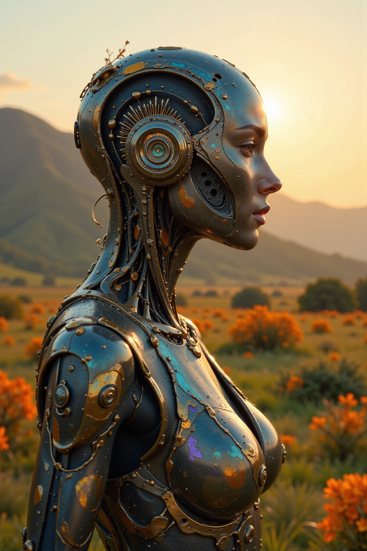 a robot beautiful  landscape photo, photography, Fujifilm XT-4 Viltrox, realistic, golden hour, woman, very intricate, very detailed, sharp, bright, colorful, <lora:Hand v2:0.5> <lora:Anti-Blur:1><lora:Insane Detail Slider:0.25>  <lora:flux.1_lora_flyway_Epic-detail_v2:0.3> <lora:fluxenhancer:0.25>