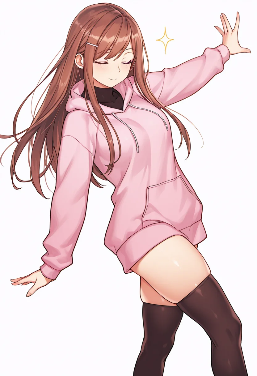 Smooth Quality,masterpiece,very intricate, high quality details, ultra realistic, high detailed skin,detailed enviorement,absurdres,
simple background, white background, dancing,skindentation, solo,front view,spread fingers,
<lora:Dasom_Lee_CNR:0.8> dasom_cnr, 1girl, brown hair, long hair, bangs, purple eyes,hairclip,hoodie, ,turtle neck, ,socks over thighhighs, ,, closed eyes,, + +,