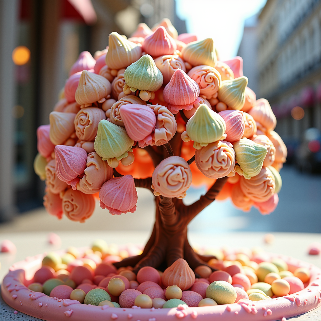 a professional (film grain:1.2) photography of a made entirely out of ice cream GelatoStyle tree<lora:GelatoStyleFlux:0.5>