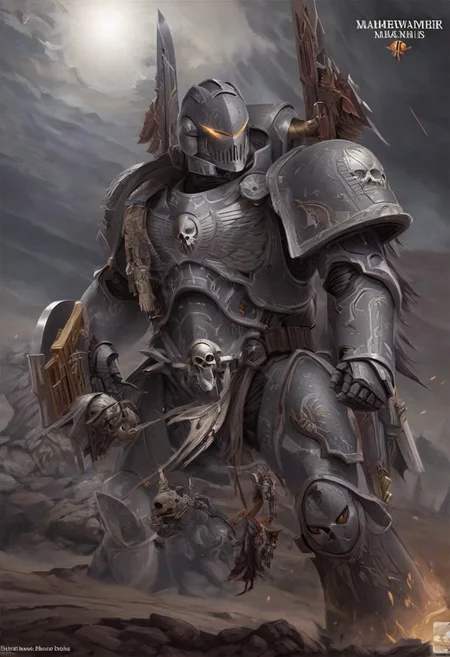 Masterpiece,,primaris helmet, grey armor, Grey Knight armor, silver skull armor,  high quality, 4k, very detailed, alien planet, sky, cowboy shot, shoulder_armour,warhammer style,holding power sword