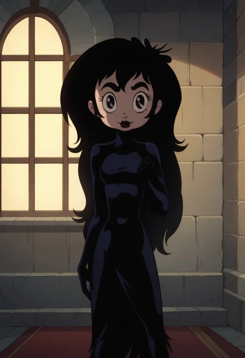 score_8, score_8_up, score_7_up, 1girl, female focus, solo, EmmaMelinda_UWE, fair skin, big eyes, black eyes, black eyebrows, long eyelashes, dark red lips, long wavy hair, black hair, pure black bodysuit , black boots, indoors, in a castle, window, smile, standing, looking at the viewer, front view, front pose