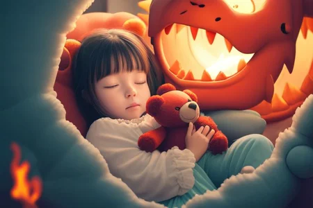 looking AAA film, sleeping little girl, teddy bear fighting dragon, night, toys, fire,