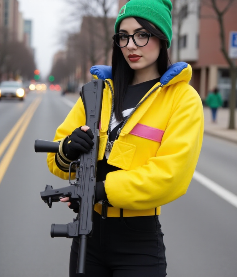She holds a rifle in the street.  <lora:Killjoy:0.9> killjoy, a woman with a yellow jacket, black glasses, green hat, black pants.