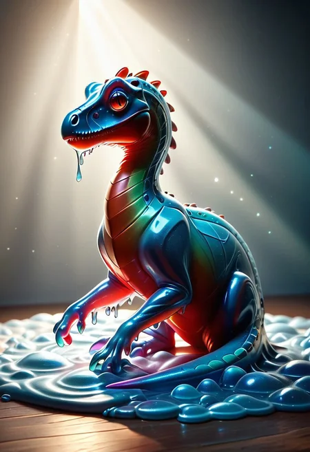 no human, Dinosaur made out of slime, full body, solo, sl1m3d, slime-morph
Colourful, high contrast, erotic absolutely eye-catching, gradient colour, digital painting, Light rays, raytracing, soft lighting, cinematic shadows, lens flare, Masterpiece, best quality, ultra-detailed, illustration, CG, aesthetic, trending, score_9, score_8_up, newest, subtle texturing, depth of field, cinematic composition,
Detailed background, intricate cinematic background,