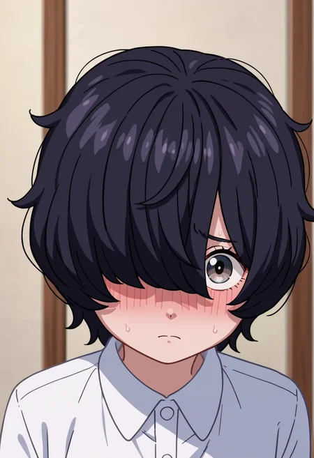 score_9, score_8_up, score_7_up, source_anime, anime screencap, anime coloring, <lora:add-detail-xl:3>,
BREAK
<lora:fellatrix_antonio:0.8>  fellatrix, antonio, 1boy, otoko no ko, grey eyes,hair over one eye, black hair,white shirt, long sleeves,
BREAK
solo, portrait,
shy,blush, looking at viewer,