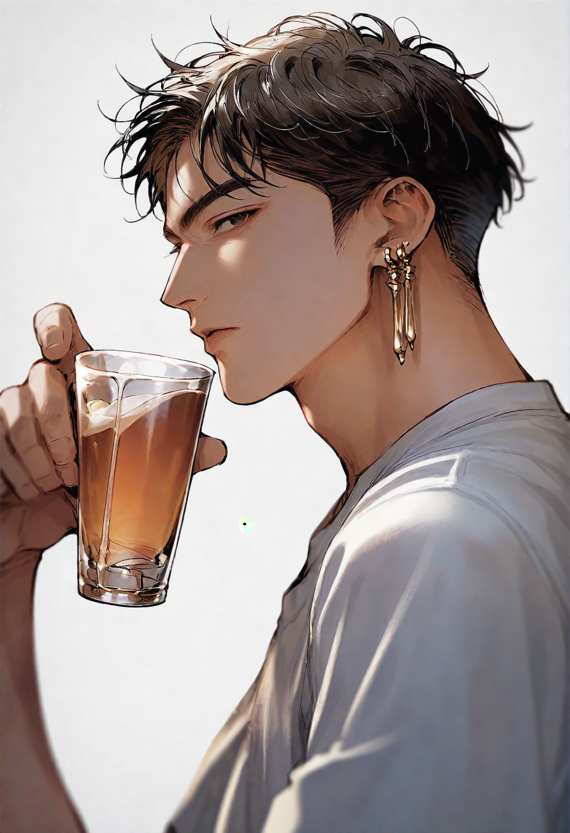 <lora:dong529:0.8>,dong77,1boy,solo,jewelry,earrings,cup,short hair,holding,holding cup,single earring,looking at viewer,drinking glass,shirt,white background,drinking,from side,upper body,simple background,, score_9,score_8_up,score_7_up,source_anime,