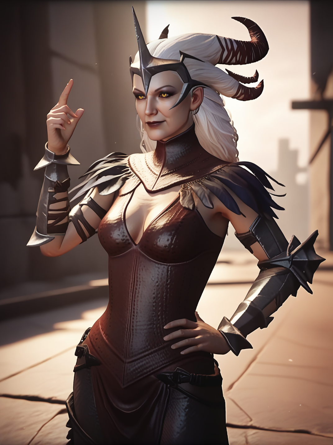 score_9, score_8_up, score_7_up,, screencap, realistic, 
1girl, dynamic pose, dynamic angle, one hand on hips, light smile, cowboy shot, dutch angle, medium breasts, warm light, ruins, fantasy, from above, hands up, portrait,
 <lora:AFlemeth_character:1>, FlemethXL, old woman, white hair, horns, yellow eyes, helmet, shoulder armor, feather on shoulder, dress, corset dress, cleavage, high collar, makeup, wrinkled skin, old woman,