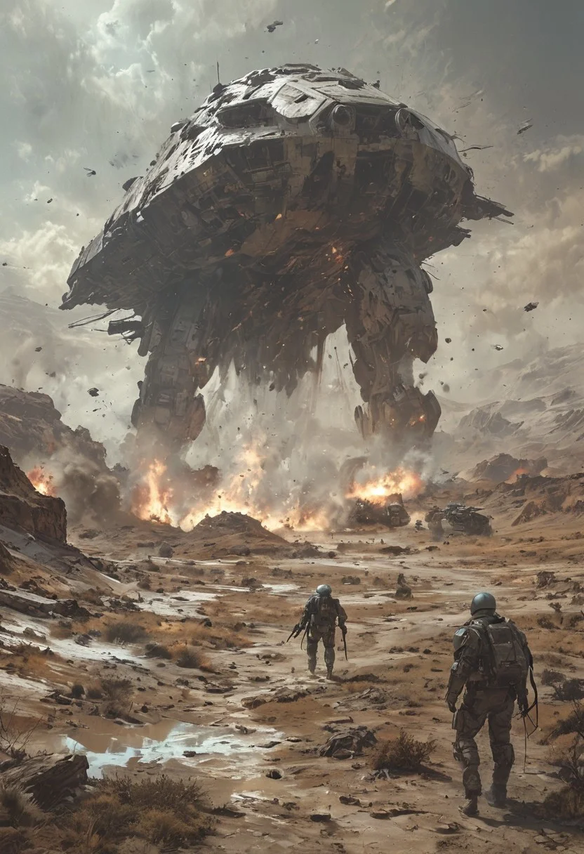 The scene depicts a futuristic battlefield with advanced military technology. Multiple soldiers in full-body armor are advancing on foot while two large, armed hovercraft are providing aerial support. The background shows an explosion, emphasizing the intensity of the combat. The soldiers are equipped with rifles and appear to be in a coordinated offensive. The environment is desolate, with minimal structures and a barren landscape. The overall artwork is detailed and monochromatic, giving a gritty and realistic feel to the futuristic warfare setting.