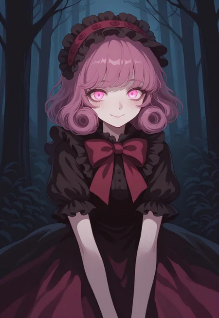 solo, ethereal, detailed, contemplative,
forest, dark forest,
Smile,
1girl, freckles, solo, dress, pink_hair, bow, short_sleeves, glowing, strawberry humanization, night, glowing_eyes, headdress, smile, short_hair, curly_hair, puffy_short_sleeves, pink_eyes, red_bow, looking_at_viewer, frills,
(748cmstyle:1.3)
masterpiece,best quality,amazing quality, detailed,