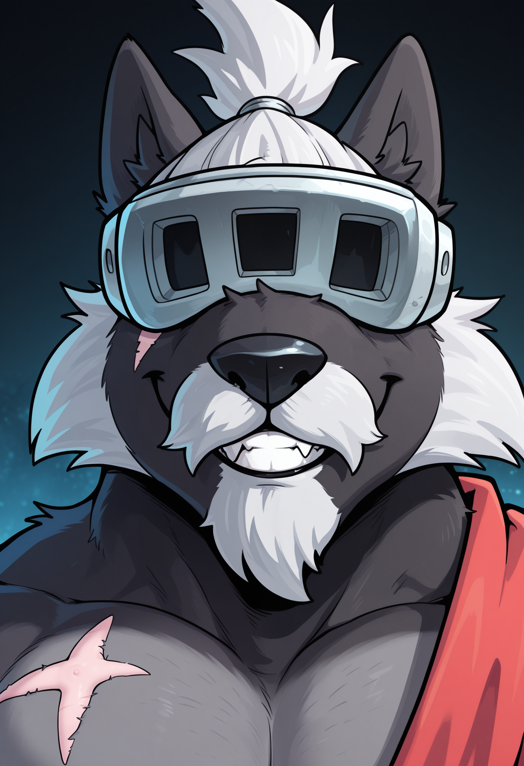 masterpiece, best quality, amazing quality, 1boy, solo, CatoAD, Visor, close-up, smile, toga
