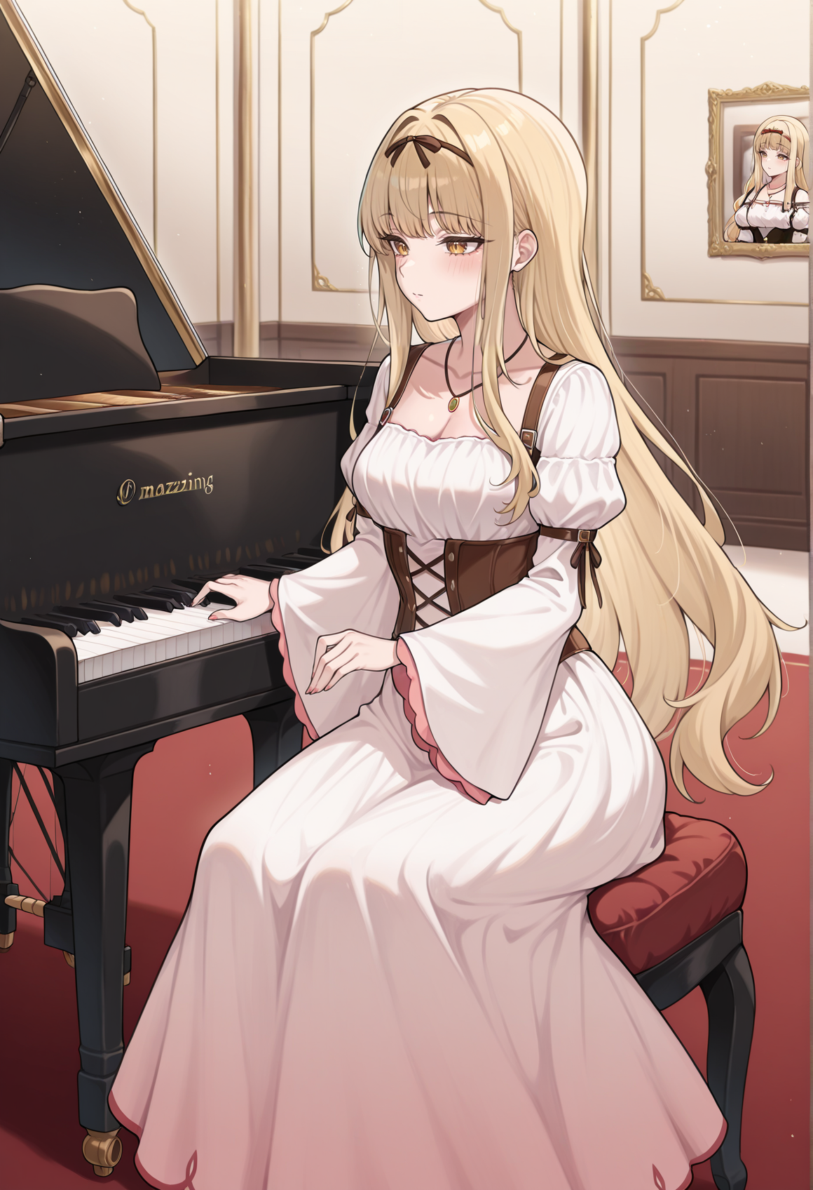 1girl, blonde hair, yellow eyes, ribbon, necklace, jewelry, dress, long skirt, corset, wide sleeves, long sleeves, sitting, playing piano, piano, ballroom  <lora:Luserina_XL:1>, masterpiece, best quality, amazing quality, very aesthetic, absurdres, highres, newest
