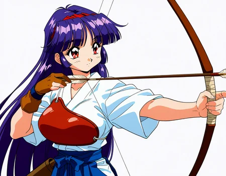 general,highres, ultra-detailed,very aesthetic,best quality ,best hands,  BREAK  <lora:Shiraishi_Yumiko_IS:1>ShiraishiYumiko, long hair, red eyes, red hairband, purple hair, large breasts, blunt bangs,
1girl, bow (weapon), weapon, holding bow (weapon), solo, gloves, 1990s (style), holding weapon, retro artstyle, holding, arrow (projectile), japanese clothes, kyuudou, archery, drawing bow, holding arrow, yugake, hakama, muneate, hakama skirt, partially fingerless gloves, single glove, fingerless gloves, skirt, blue hair