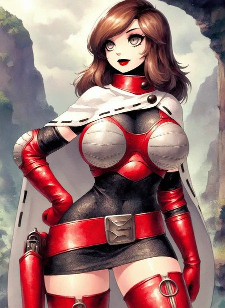 masterpiece, best quality, amazing quality, rdf02, FMIXF, vibrant details, SMTHEROI, 1girl, medium hair, long hair, sideswept hair, straight hair, brown hair, grey eyes, red lipstick, red neck armor, (white short cape, blue tape trim, buttons), (red breastplate, grey breast pads), huge breasts, breast hold, view from the side, black camisole dress, short black sleeves, elbow gloves, grey elbow pads, red belt, belt buckle, holster, red thigh boots, grey kneepads