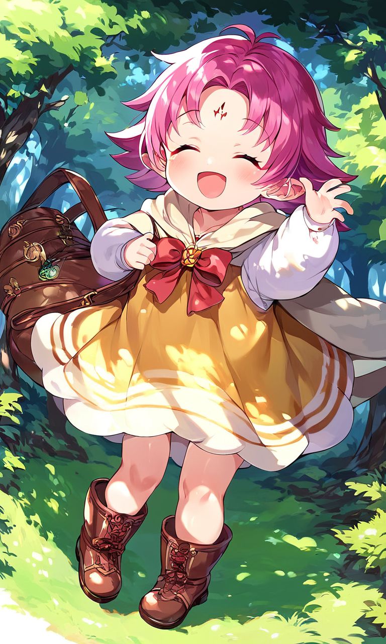 score_9, score_8_up, score_7_up, source_anime, rating_explicit, BREAK  <lora:Fae_Fuuin_no_Tsurugi_XL:1>
Fae, short hair, pink hair, closed eyes,  solo, open mouth, facial mark, long sleeves, dress, full body, bag,  boots, cape, child, open mouth, happy,
forest,