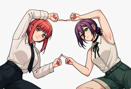 score_9, score_8_up, score_7_up, score_6_up, score_5_up, score_4_up, 2girls, highres, masterpiece, highly detailed face, highly detailed shining eyes, symmetrical highly detailed eyes, <lora:Fusion_Dance_DBZ-000019:0.4>, fusion dance, fingers together, index finger raised, index finger together, simple background, white background
BREAK <lora:mak1ma0XL_Pony_v1:0.8> , mak1ma0, red hair, long hair, ringed eyes, white collared shirt,black necktie, black pants,
BREAK <lora:chainsawman-reze-ponyxl-lora-nochekaiser:0.8> ,reze, black choker, purple hair, choker, eyebrows hidden by hair, green eyes, hair between eyes, long bangs, medium hair, bare shoulders, black ribbon, black shorts, collar, collared shirt, neck ribbon, ribbon, shirt, shorts, sleeveless, sleeveless shirt, white shirt,