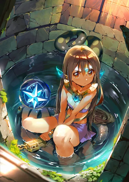 by dsmile9, , by yogisya
beautiful girl, cleavage, close up
piercing eyes
masterpiece, best quality, high quality, highres, absurdres, very detailed, high resolution, sharp, sharp image, 8k, vivid,stunning, anime, aesthetic
In the depths of an ancient dungeon, dimly lit torches cast flickering shadows on moss-covered stone walls. The air is thick with a musty scent, and the distant echoes of unseen creatures add an eerie ambiance. In the center of the dungeon, a courageous girl, adorned in worn but resilient armor, cautiously navigates the labyrinthine corridors.
Her path is illuminated by the soft glow of a magical crystal held in one hand, revealing intricate carvings and ancient runes on the dungeon walls. Sinister vines snake along the edges, hinting at an otherworldly presence. The girl's determined expression and the glint of a hidden key at her side suggest a quest for freedom or treasure, as she bravely faces the unknown challenges that lie ahead in this fantastical underground realm.