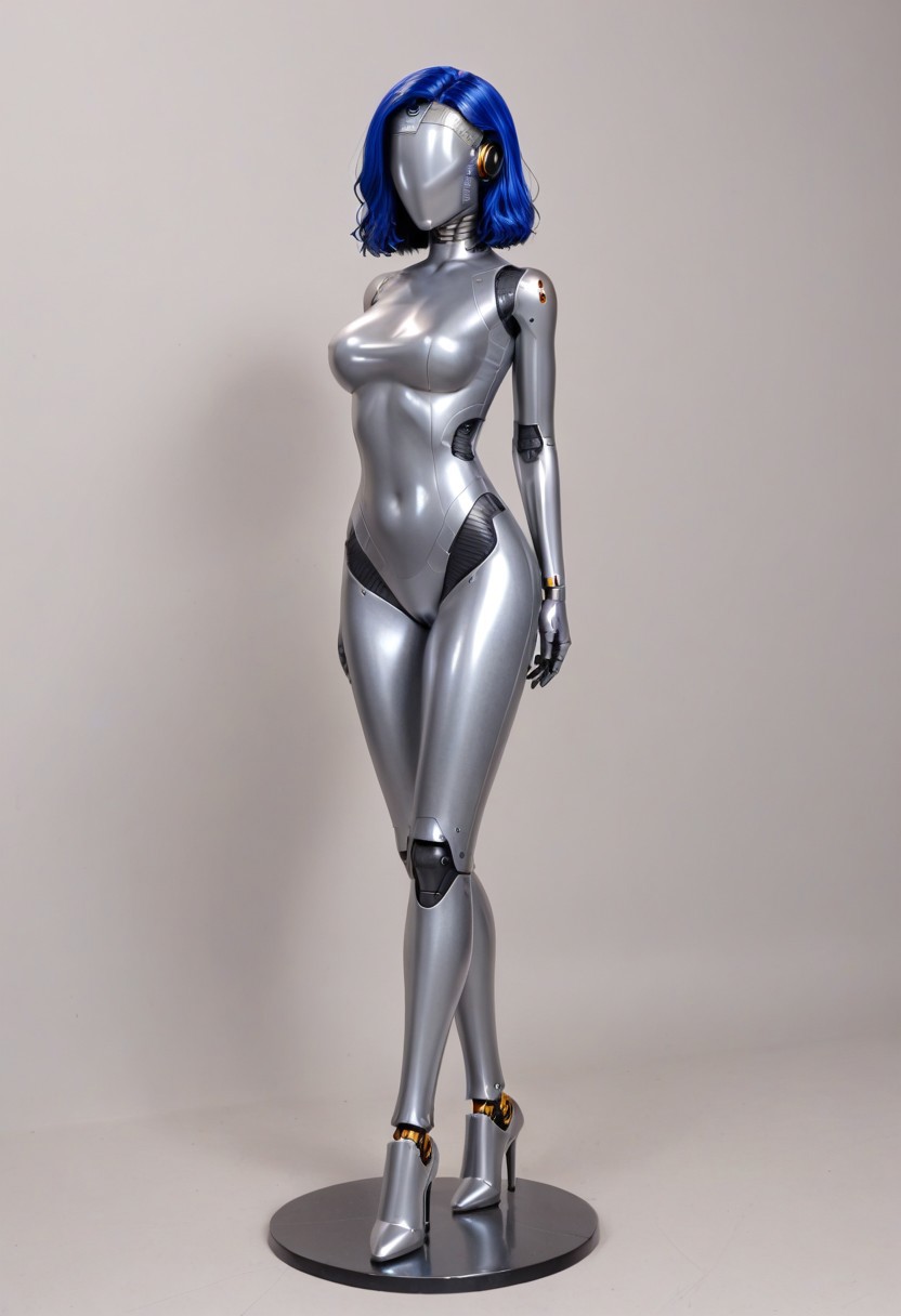 solo, A 35mm full length photo of  a beautiful 20 year old woman, she is a humanoid robot , robotic body, freckles, smooth featureless silver grey robotic skin, robotic aerials, metallic dark blue hair, elegant grey latex bodysuit with dark blue trim
TheFaceLess, mannequin, faceless, egghead