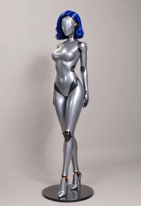 solo, A 35mm full length photo of  a beautiful 20 year old woman, she is a humanoid robot , robotic body, freckles, smooth featureless silver grey robotic skin, robotic aerials, metallic dark blue hair, elegant grey latex bodysuit with dark blue trim
TheFaceLess, mannequin, faceless, egghead