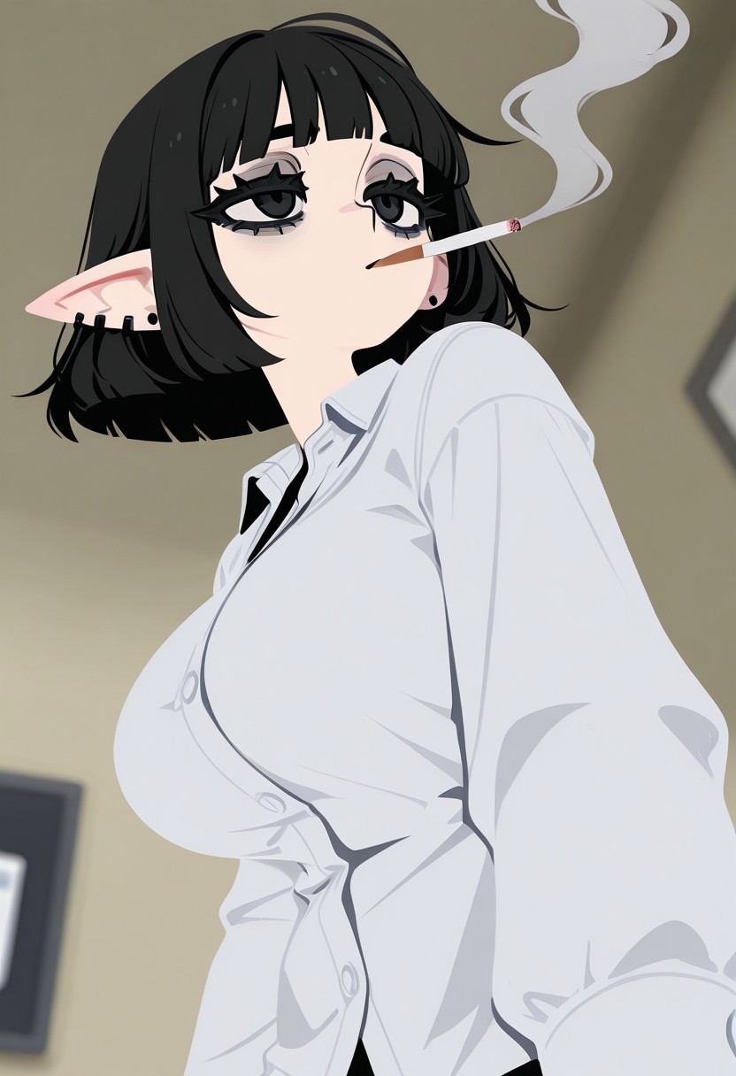 fabulosity_style, best quality, no lineart, no outline, flat color, blurry background, depth of field, thick eyelashes, 1girl, detailed eyes, black eyes, pointed ears, smoking, side view, cool pose, large breasts, bags under eyes, tired, office shirt, from below, blunt bangs, ear piercing