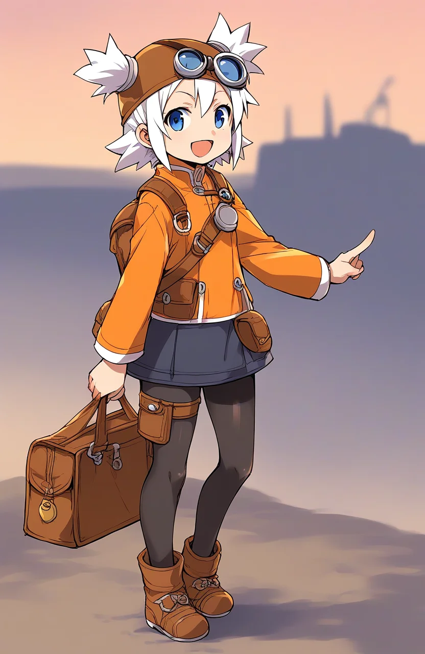 score_9, score_8_up, score_7_up, source_anime, rating_explicit, BREAK <lora:Pratty_XL:1> Pratty, blue eyes, short hair, goggles, white hair, short twintails, hair through headwear, brown headwear,
1girl, solo, pantyhose, full body, open mouth, smile, tachi-e, black pantyhose, orange long sleeves, bag, skirt, short twintails, looking at viewer, standing, blue eyes, thigh strap, :d
standing, cowboy_Shot
outdoor, sky,