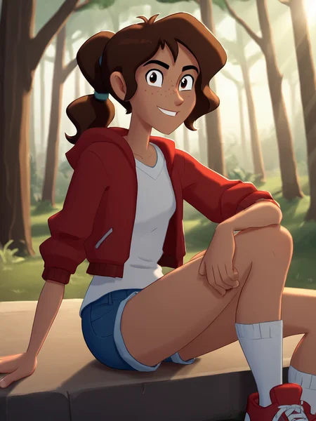 score_9, score_8_up, score_7_up, BREAK, Jun3D3lT0r0, 1girl, solo, brown hair, brown eyes, ponytail, freckles, white shirt, red jacket, denim shorts, white socks, red sneakers, smile, looking at viewer, sitting, forest, sunlight, shadows, natural lighting, <lora:June Del Toro:0.9>
