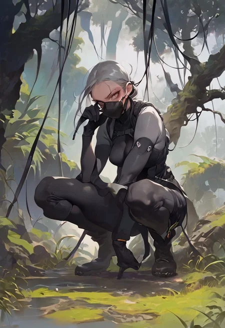 score_9, score_8_up, score_7_up, score_6_up, 1girl, ((face jav mask)), small breasts, black tight bodysuit, jungle, black boots, black tight scuba, thigh, ((((((crouched on a very tall tree)))))), (((gray day))),(((serious eye))), ((black gloves)), ((details eyes)),
yyjytjr856856356sd73,