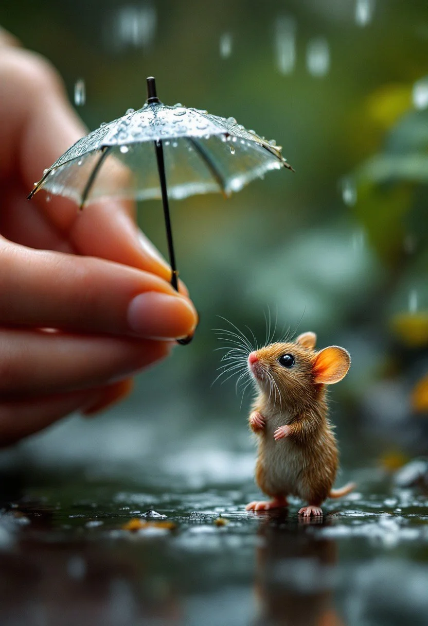female hand holding a small umbrella, miniature wet tiny mouse standing on the path, rain, drops, funny, intricate details, hyper-realistic, hyper-detailed, professional photoshoot, colorful, ultra-sharp, vivid color, chiaroscuro lighting, macro