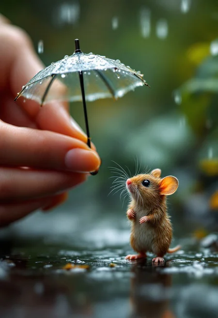 female hand holding a small umbrella, miniature wet tiny mouse standing on the path, rain, drops, funny, intricate details, hyper-realistic, hyper-detailed, professional photoshoot, colorful, ultra-sharp, vivid color, chiaroscuro lighting, macro