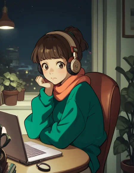 score_9,  score_8_up, score_7_up, source_anime, <lora:lofigirl-ponyxl-000021:1> 1girl, lfg, sweater, scarf, pants, headphones,
chair, sitting, caught, embarrassed, laptop, desk, from side, looking at viewer, night