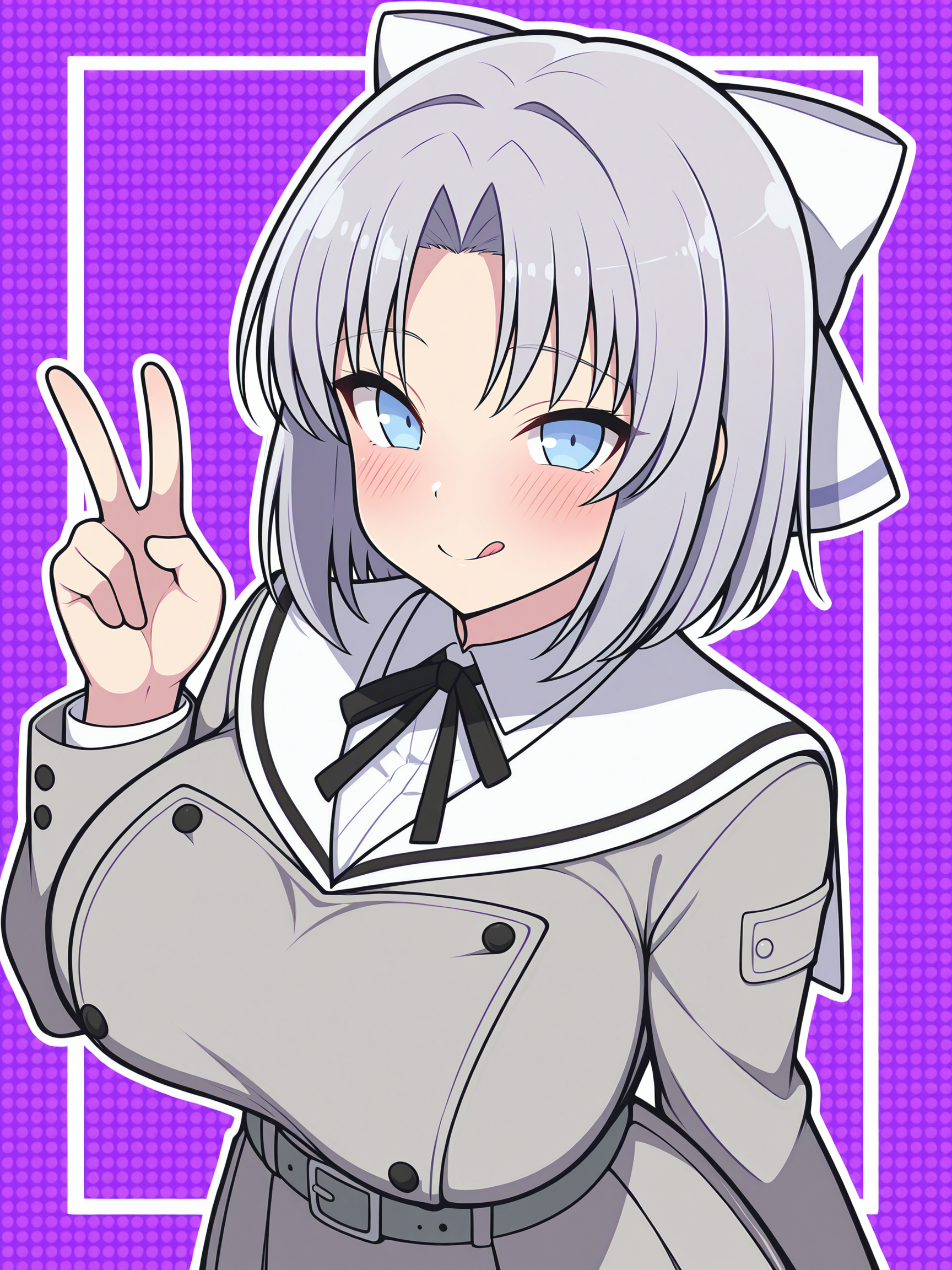 masterpiece, best quality, amazing quality, artist:[limberbreak], by limberbreak, thick outlines, bold outlines, heavy line art, graphic black lines, strong contours, black outlines
(solo:1.4), Yumi_IL, blue eyes, short grey hair, yumi's bang, white hair bow, large breasts, Yumi_Gessen, school uniform, white sailor collar, black neck ribbon, grey jacket, black buttons, grey skirt, skirt frills, grey belt, black pantyhose, grey loafers,
tongue, tongue out, looking at viewer, upper body, w, halftone, purple theme, v, smile, :q, blush, closed mouth, hood
<lora:SK_Yumi_IL:0.8>