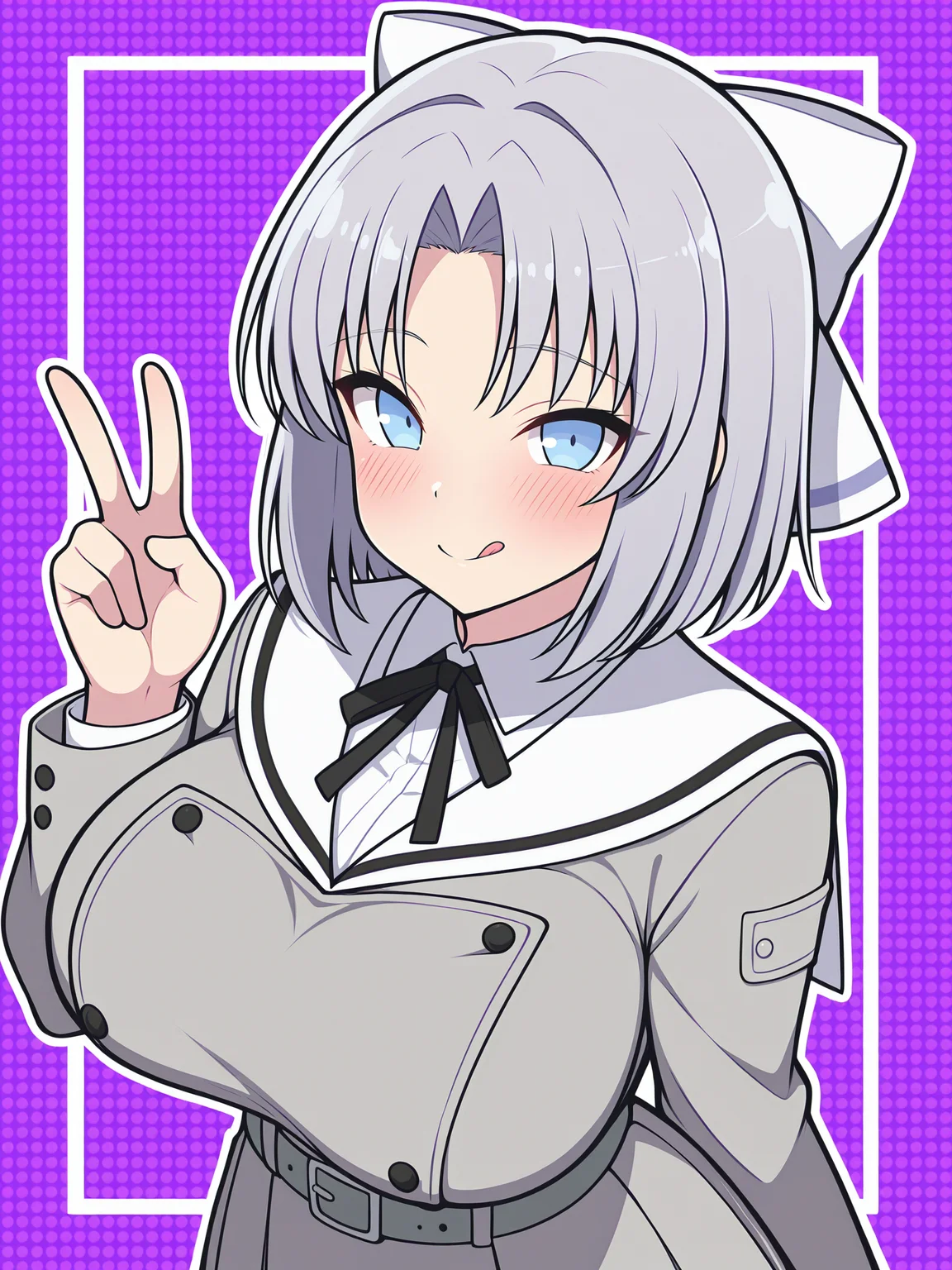 masterpiece, best quality, amazing quality, artist:[limberbreak], by limberbreak, thick outlines, bold outlines, heavy line art, graphic black lines, strong contours, black outlines
(solo:1.4), Yumi_IL, blue eyes, short grey hair, yumi's bang, white hair bow, large breasts, Yumi_Gessen, school uniform, white sailor collar, black neck ribbon, grey jacket, black buttons, grey skirt, skirt frills, grey belt, black pantyhose, grey loafers,
tongue, tongue out, looking at viewer, upper body, w, halftone, purple theme, v, smile, :q, blush, closed mouth, hood
<lora:SK_Yumi_IL:0.8>
