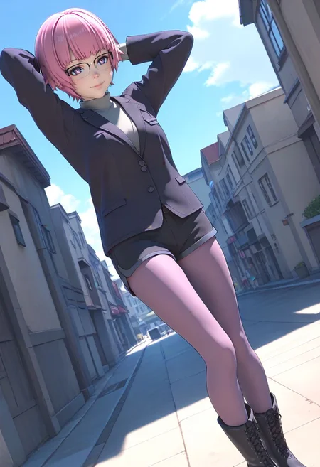 <lora:sdxl_lightning_8step_lora:1> <lora:Fixhands_anime_bdsqlsz_V1:1>score_9, score_8_up, score_7_up, source_anime, intricate details, perfect anatomy BREAK
1girl, solo, gis-esakipurin, pink hair, short hair, purple eyes, black-framed eyewear, black jacket, black shorts, gis-esakipurin outfit, purple pantyhose, black boots, 
dutch angle, arms behind head, Sensual, A deep, intense gaze, a slow, deliberate smile, and a relaxed posture., outdoors, 
<lora:gis-esakipurin_XL(pony)fix:0.9>
