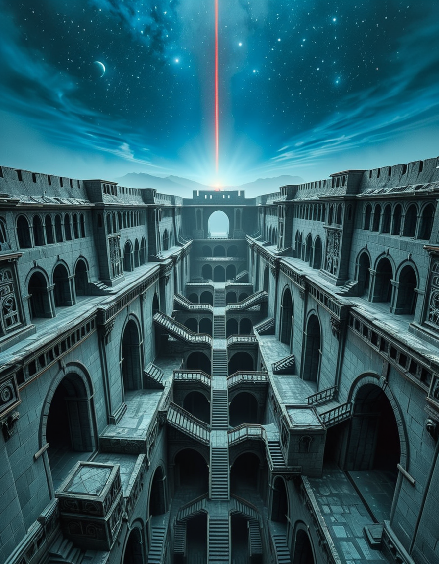 A vast, nightmarish labyrinth stretching endlessly into the horizon, its architecture a fusion of brutalist and gothic styles. The towering stone walls are cold, weathered, and adorned with eerie, ancient carvings. Deep chasms divide the labyrinth, revealing endless layers of arches and staircases that descend into an abyss of darkness. The atmosphere is thick with an unsettling silence, broken only by distant whispers and echoes of unseen entities.
A strange, ominous red beam pierces the sky from a distant point at the horizon, casting an eerie glow over the surreal landscape. The sky above is an unnatural, deep blue, devoid of stars, shrouded in a thick, ominous haze. Shadows stretch unnaturally long, twisting and shifting as if alive.
The entire scene evokes a sense of isolation and dread, as if trapped in an inescapable nightmare. The labyrinthâs geometry seems almost impossible, defying logic with staircases leading to nowhere and corridors looping endlessly. A place where time feels distorted, and reality itself is uncertain.
Style & Mood:
    Dark surrealism, Lovecraftian horror
    Cinematic, high-detail, eerie lighting
    Atmospheric perspective, emphasizing scale and depth
    Inspired by the works of ZdzisÅaw BeksiÅski and H.R. Giger
<lora:SDXLFaeTastic2400:0.4> <lora:extremely_detailed:0.4> extremely detailed, <lora:nightmarish_l4byr1nth:1>,nightmarish l4byr1nth, Masterpiece,best quality,hi res,8k,hi res,8k,award winning,(sharp focus, intricate, highly detailed),