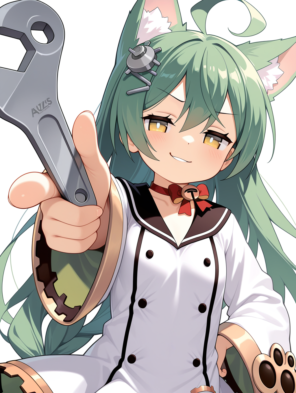 1girl,akashi \(azur lane\), smile, pointing at viewer, smirk, holding huge double sided wrench, 
,masterpiece,best quality,amazing quality,