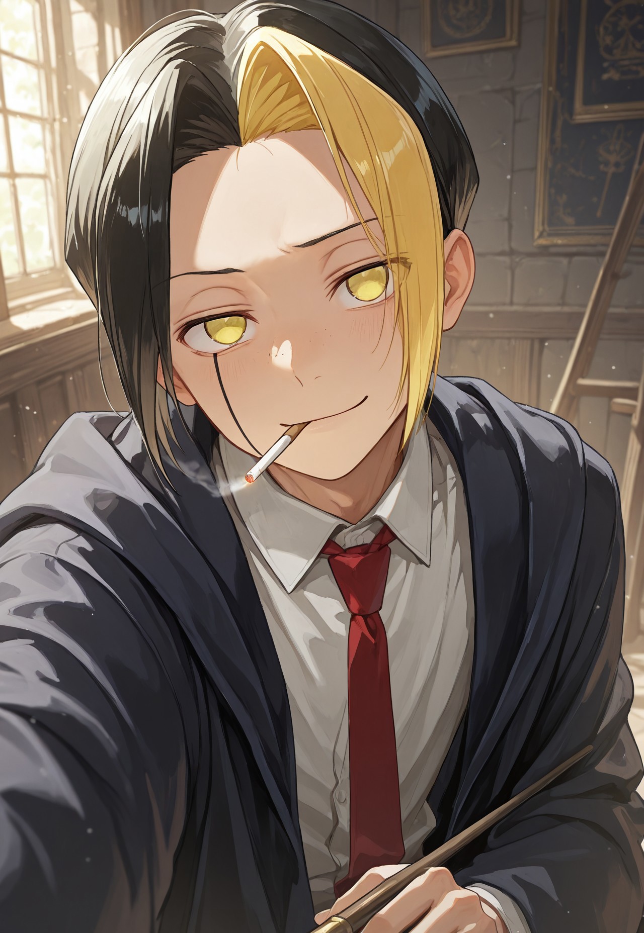 masterpiece, best quality, amazing quality, very aesthetic, absurdres, newest, detailed background, 1boy, solo, f1nn, facial tattoo, yellow eyes, black hair, blonde hair, split-color hair, cloak, collared shirt, necktie, upper body, smug, wand, smoking, cigarette, selfie, single bare shoulder, slouching