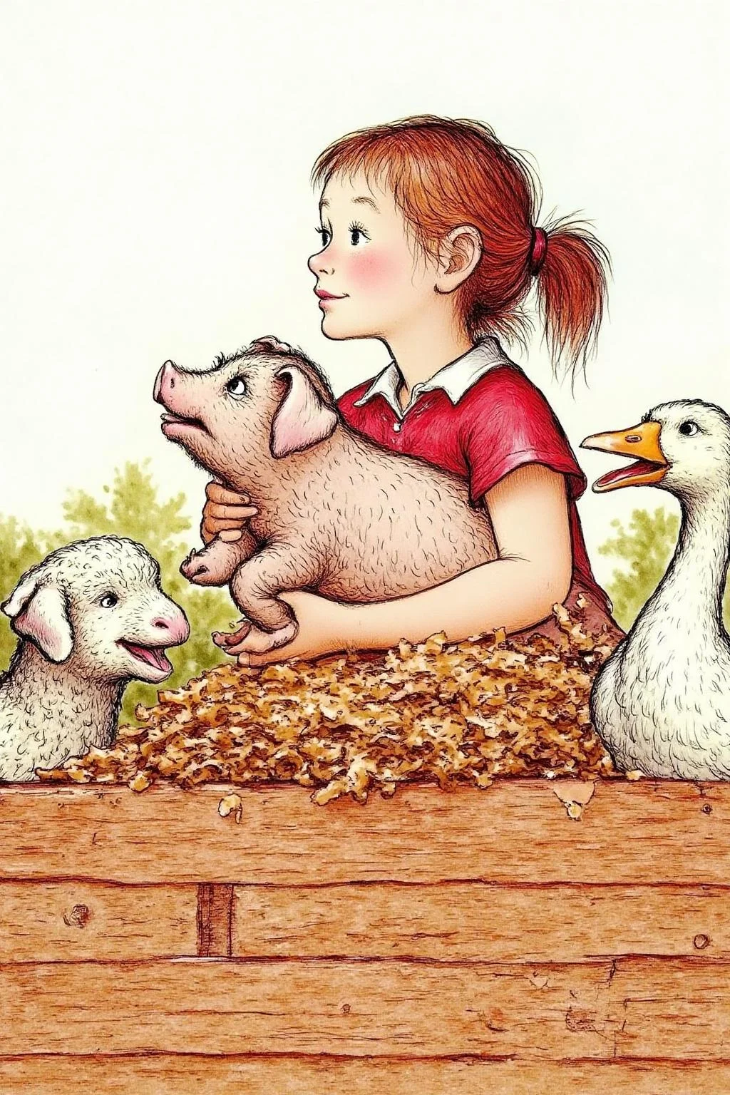 gawi1 illustration.
3/4 view of a young girl, with light reddish hair tied in a ponytail with a red ribbon. She is wearing a red short-sleeved shirt with a white collar. She is holding a small piglet in her arms. The piglet is shown in side profile, looking up. There is a sheep on the left side. There is a goose on the right side of the image. <lora:gawi1_cap_d6a3e12:1.0><lora:827362292363613116:0>